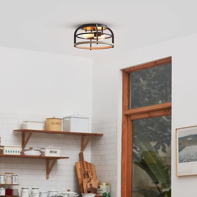 GLOBE Electric 65888 Shilah 2-Light Flush Mount Ceiling Light, Matte Black, Faux Wood Accents
