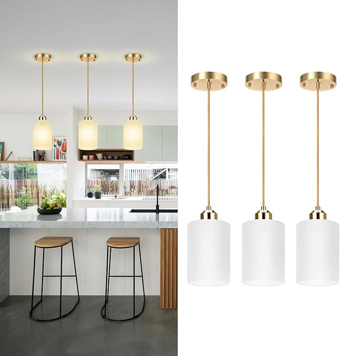3 Pack Pendant Lights Kitchen Island, Gold Pendant Light Over Island, Modern Glass Island Lights for Kitchen,Adjustable Length, Perfect for Dining Room and Home Decor
