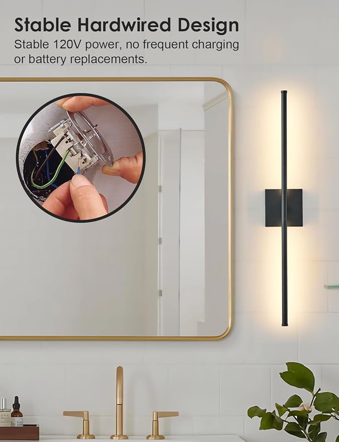 KARTOOSH 27.8 Inch Hardwired Wall Sconces Set of Two, 3000K Warm White Dimmable Modern Wall Sconces, 350° Rotate LED Light Fixtures Wall Lamp for Bathroom Living Room Bedroom Bedside, Black