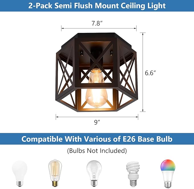 2 Pack Flush Mount Ceiling Light, 1-Light Black Light Fixtures Ceiling Mount, Small Flush Mount Lamp with Hexagonal Metal Cage, Farmhouse Chandeliers for Hallway Kitchen Sink Entryway Foyer