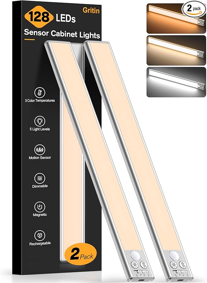 Gritin 14.7inch Under Cabinet Lighting Rechargeable 2 Pack- 3 Color Temps&5 Level Brightness, Super Bright, 4 Modes, Motion Sensor, Long Lasting - Easy Installation Magnetic Under Closet Lights-Silver