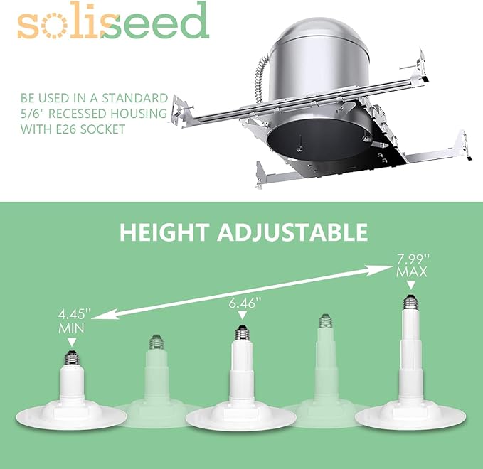 Soliseed 5/6 Inch LED Can Lights Length Adjustable Recessed Lights,Retrofit Downlight ETL Damp Rated,12W=60W,2700K Soft White,800LM, Dimmable,Bevel Trim,Easy Install,4-Pack