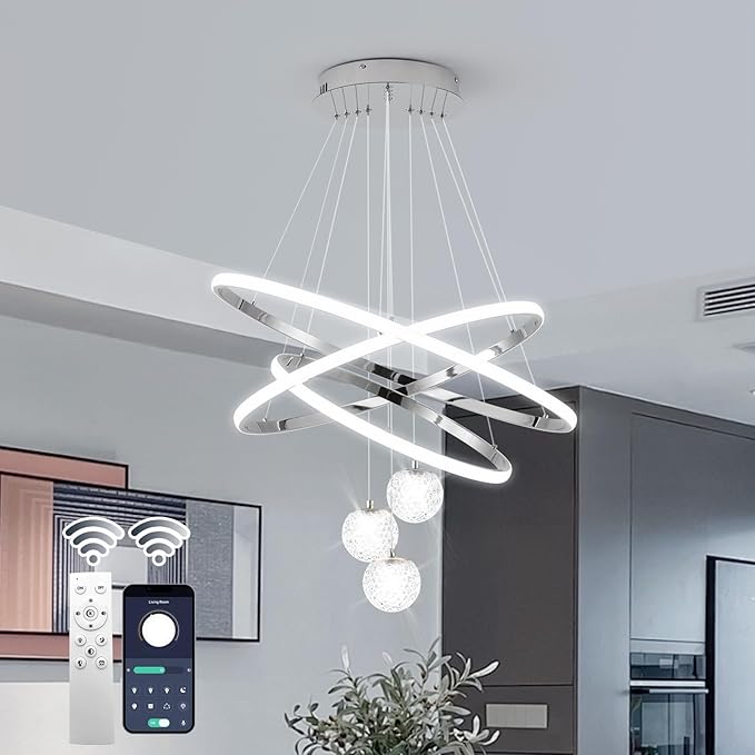 ORANOOR LED Modern 3 Ring Chandeliers for Dining Room, 24in Dimmable Kitchen Pendant Lamp, Silver Dining Room Light Fixtures Ceiling Hanging Over Table, Globe Round Chandeliers for Living Room, Chrome
