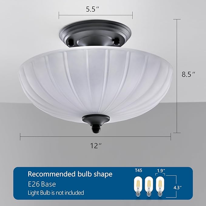 HuixuTe Modern Semi Flush Mount Ceiling Light, 3-Light Black Close to Ceiling Light Fixture with Frosted Glass Shade for Living Room Entryway Bedroom