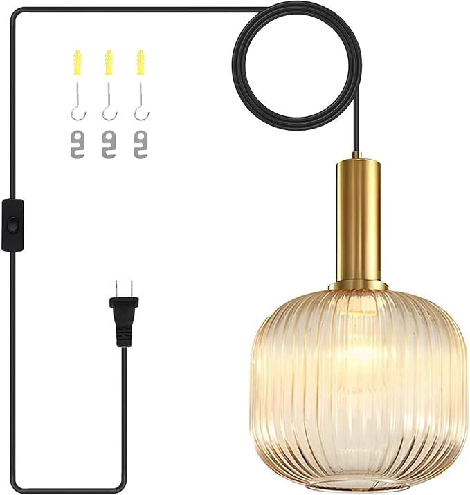 Amber Plug in Pendant Light, Mid Century Modern Hanging Light Fixture with 14.76ft Cord, Vintage Gold Hanging Lamp Plug in Chandelier Lighting for Bedroom, Living Room, Kitchen, Dining Room