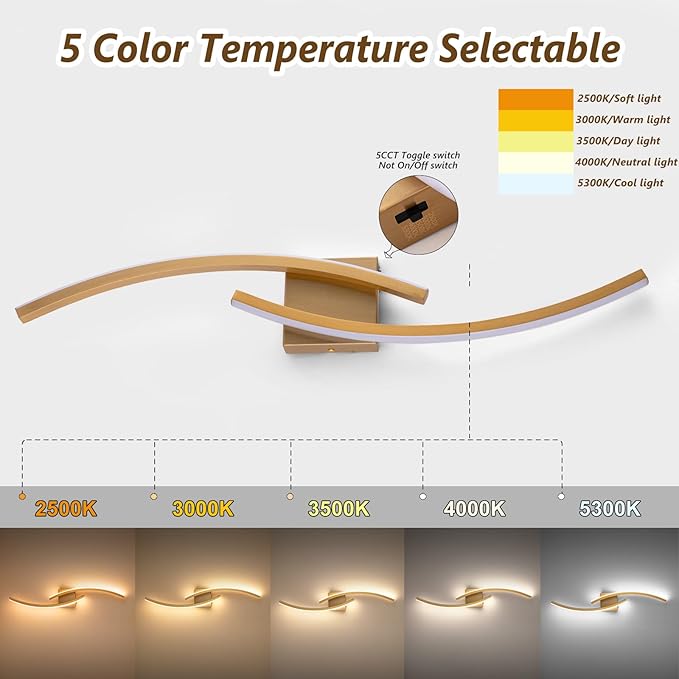 Hardwired Modern LED Wall Light Fixtures, 3000~6000K Modern 5CCT Wall Sconce for Living Room, 31.5IN Indoor Wall Lights Gold Bathroom Light for Bedroom, Hallway, Bedside