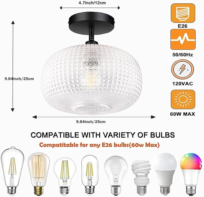 Semi Flush Mount Ceiling Light,Globe Glass Ceiling Lights,Black Hallway Light Fixtures,Entryway Light Fixture,Kitchen Lighting Fixtures Ceiling,Modern Hanging Lighting for Closet,Foyer