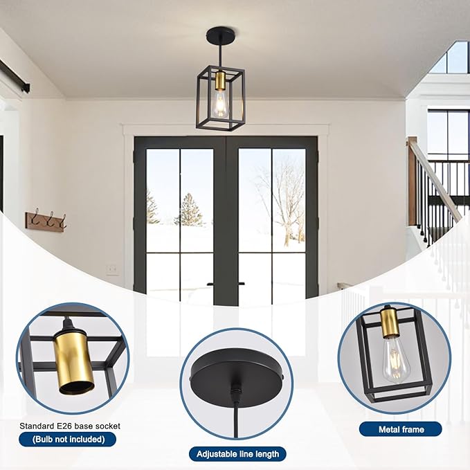 Black Pendant Lights for Kitchen Island Industrial Lantern Pendant Light Fixtures with Golden lamp Cup, Farmhouse Adjustable Height Hanging Pendant Lighting