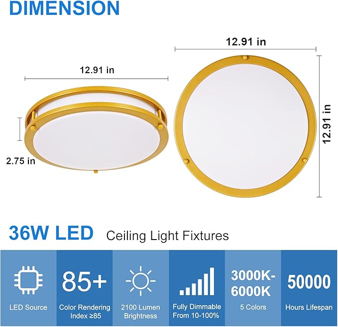 DLLT Flush Mount LED Ceiling Light: 13 Inch 2Pack 5CCT (3000K-6000K) & Dimmable Ceiling Light Fixtures for Bedroom Hallway - 24W Modern Gold Super Bright Kitchen Lighting Fixtures Ceiling