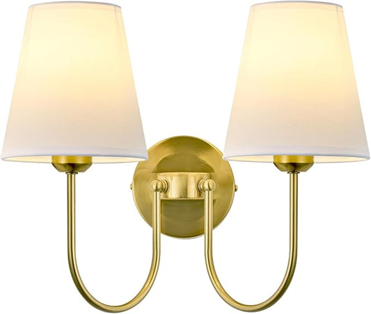 Hardwired White Fabric 2 Light Wall Sconce – Double Headed Cloth Shade Fixture for Bedroom, Bathroom & Hallway (Direct Wire)