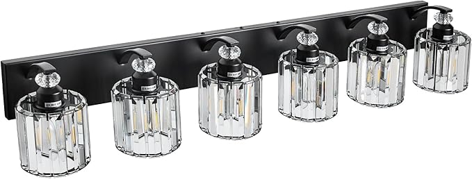 6-Light Black Bathroom Light Fixture Modern Vanity Lights Over Mirror Vintage Wall Sconce Lighting for Bathroom, Bedroom, Living Room, Hallway E26 Base with Crystal Bathroom Vanity Light