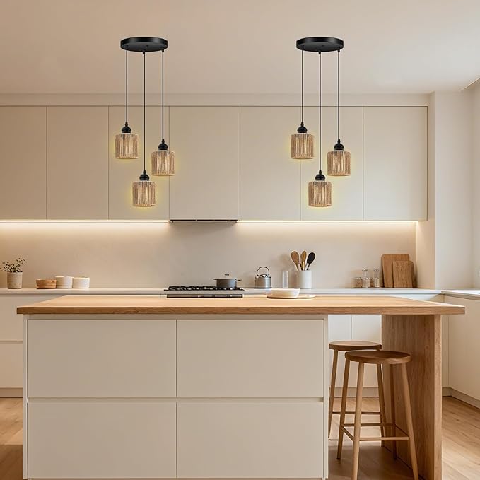 BoostArea 3-Light Rattan Pendant Lights Kitchen Island, Farmhouse Chandelier with Handwoven Wicker Shade, Adjustable Height Boho Hanging Light for Kitchen Island/Dining Room/Bedroom/Hallway, No Bulb