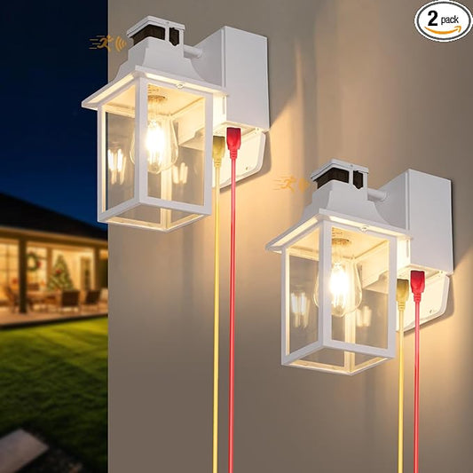2 Pack White Porch Lights with GFCI Outlet, Dusk to Dawn Motion Sensor Outdoor Lighting, Waterproof Exterior Wall Sconces for House Front Door and Garage