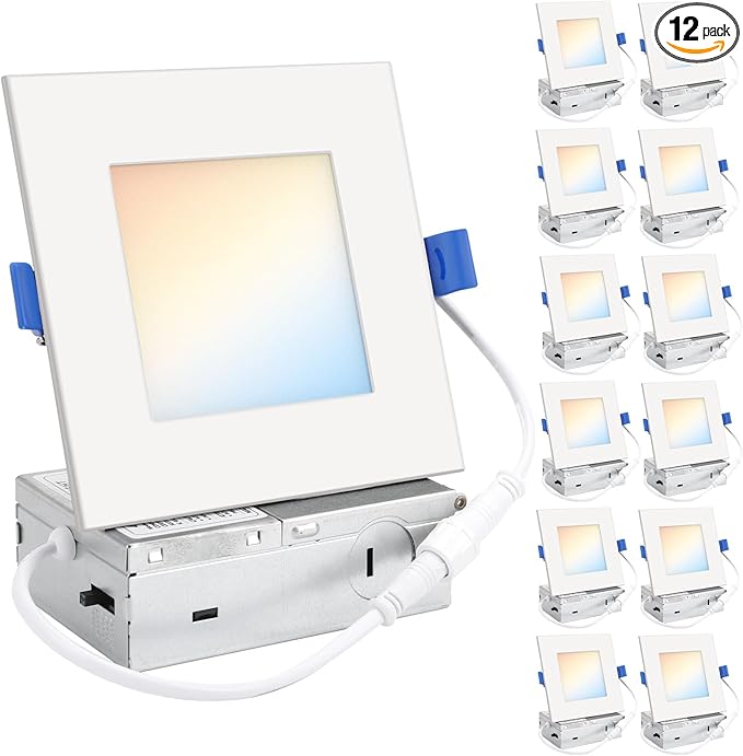 HONZIN Square LED Recessed Lighting 4 Inch, 5CCT Ultra Thin Led Recessed Ceiling Lights 12 Pack, Selectable 2700K/3000K/3500K/4000K/5000K, 9W, IC Rated, Dimmable Square White Trim with Junction Box