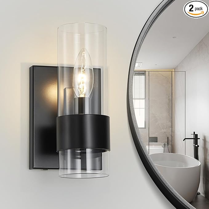 WUZUPS Set of 2 1-Light Bathroom Wall Light Fixture Over Mirror Flat Class Shade Morden Vanity Scones for Bathroom Bedroom Living Room, E12 Base, Black