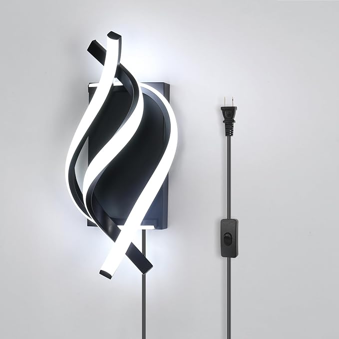 DELIPOP Modern Wall Sconces, 6500K Plug in Spiral LED Wall Sconce, 21W LED Wall Light with 5FT Plug Cord for Bedroom Bathroom Living Room Hallway Balcony