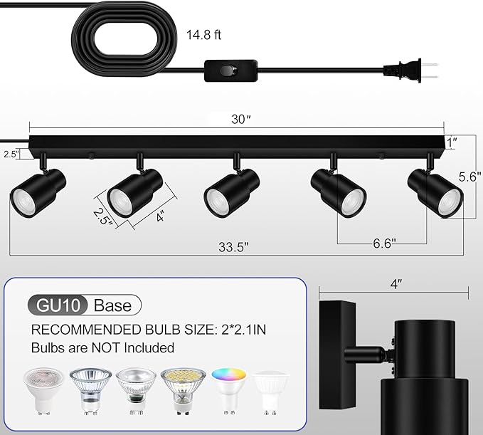 Plug in Track Lighting, 30" LED Track Light Fixtures Ceiling, Black 5 Way Ceiling Lights for Kitchen, 15FT Cord, Rotatable Light Head, Rocker Switch, Plug Spotlight for Bedroom Hallway(GU10, NO Bulb)