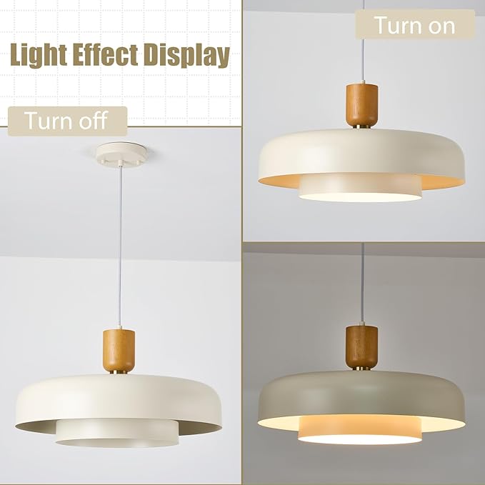Modern Large Pendant Light 19.68 inch, 2 Tiers Soft Cream Shades, Natural Wood and Brass Accent, Mid Century Chandelier for Dining Room, Living Room