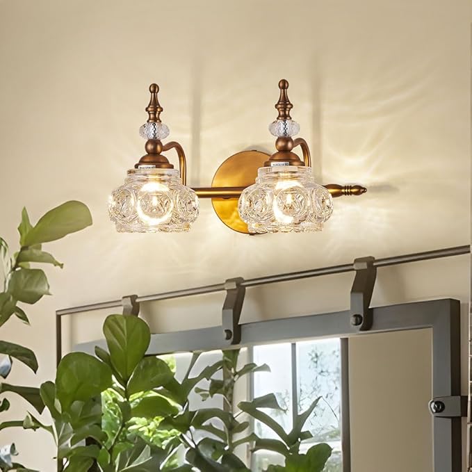 Bathroom Vanity Light Fixtures, 2-Light Vintage Crystal Bathroom Lighting, Matte Brushed Antique Brass Finish, Vintage Wall Sconce Light with Crystal Glass Shade