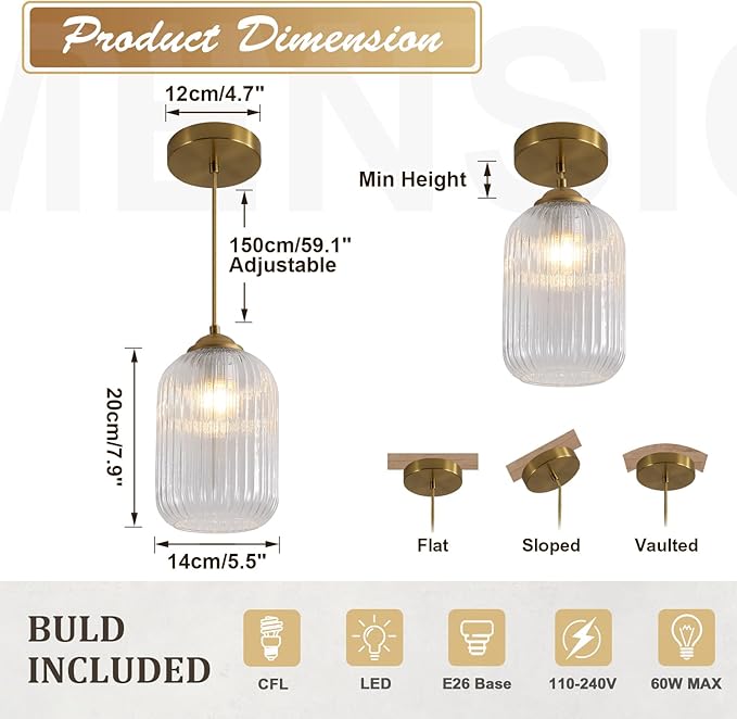1 Light Mid Century Brushed Gold Pendant Lights Kitchen Island Modern Pendant Ceiling Light Clear Glass Hanging Lamp Mini Vintage Brass Hanging Light Fixture for Dining Room Bedroom MPL30-A