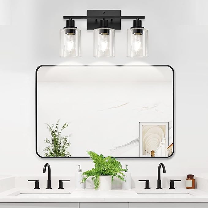 MOKATNG 3-Light Bathroom Light Fixtures, Vanity Light with Clear Glass Shades, Matte Black Bathroom Light Fixtures Over Mirror, Modern Bathroom Wall Lamp for Mirror Living Room Cabinet Bedroom