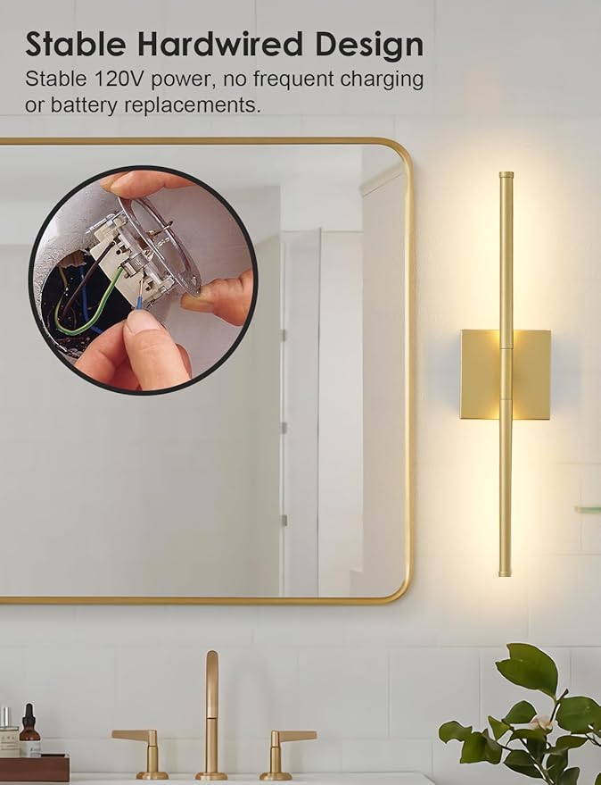 KARTOOSH 20.4 Inch Hardwired Wall Sconces Set of Two, 3000K Warm White Dimmable Modern Wall Sconces, 350° Rotate LED Light Fixtures Wall Lamp for Bathroom Living Room Bedroom Bedside, Gold