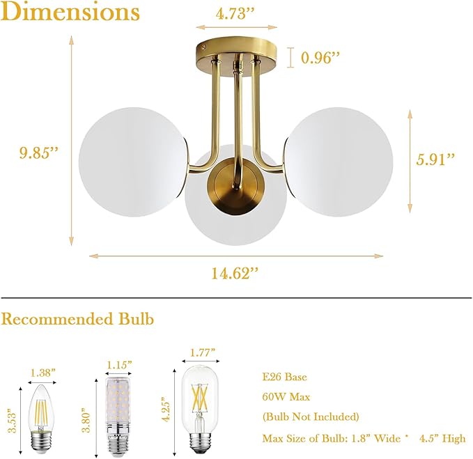 Mid Century Modern Brass 3-Light Gold Ceiling Light, Sputnik Ceiling Light Fixture with Globe White Glass, Semi Flush Mount Ceiling Light for Living Room Hallway Foyer, E26 Base
