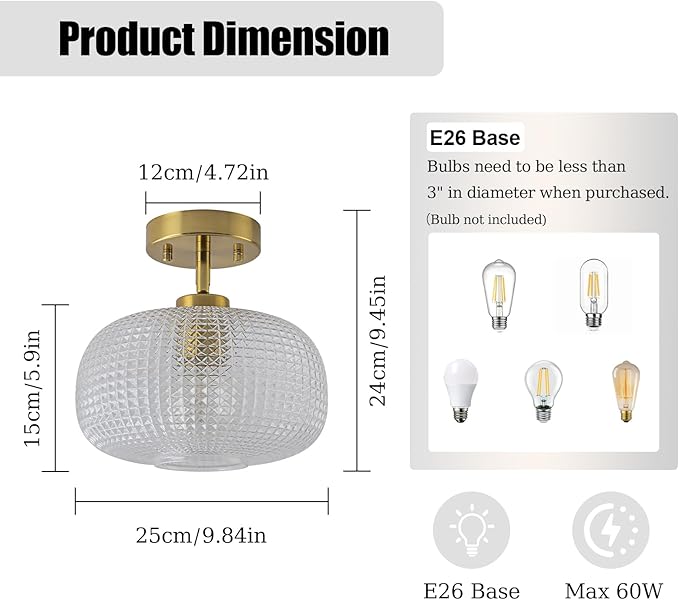 EDISLIVE 9.8" Glass Semi Flush Mount Ceiling Light E26 Vintage Globe Ceiling Lamp with Clear Plaid Glass for Hallyway Kitcen Bedroom Gold