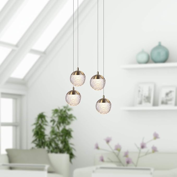 contec development Galaxy 4 Mini Pendant Crystall Ball Lighting Brass - LED Hanging Light Fixture: Kitchen Island, Bar, Foyer - Cluster Pendants - Dimmable, Adjustable Wire, Lamp Bulb Included