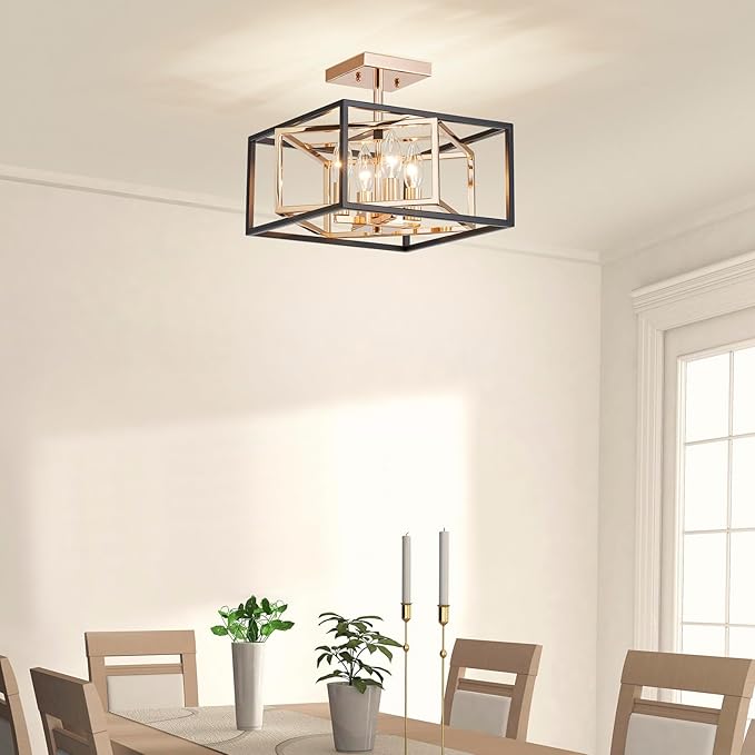 AGV LIGHTING CL055G Modern Semi-Flushmount Ceiling Light Fixture, Square Ceiling Light, E12 Base 4-Lights, L12 x W12 x H10, Matte Black & Shinny Gold Finish