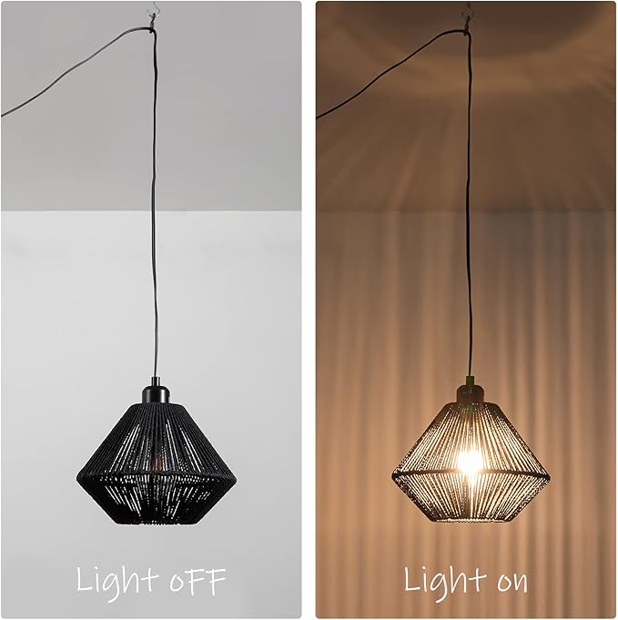 2 Pack Woven Plug in Pendant Light Fixture Black, 9.65’’ Rustic Farmhouse Pendant Hanging Light with Plug in Cord & On/Off Switch for Kitchen Island Living Dining Room Bedroom Foyer