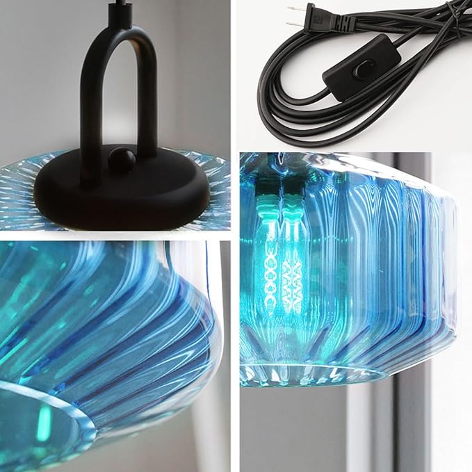 Plug in Glass Pendant Light Corded Pendant Light with Plug in Cord Large Glass Hanging Lamp Plug in Ceiling Pendant Lights Stripe Blue Light Fixtures for Kitchen Sink Living Room