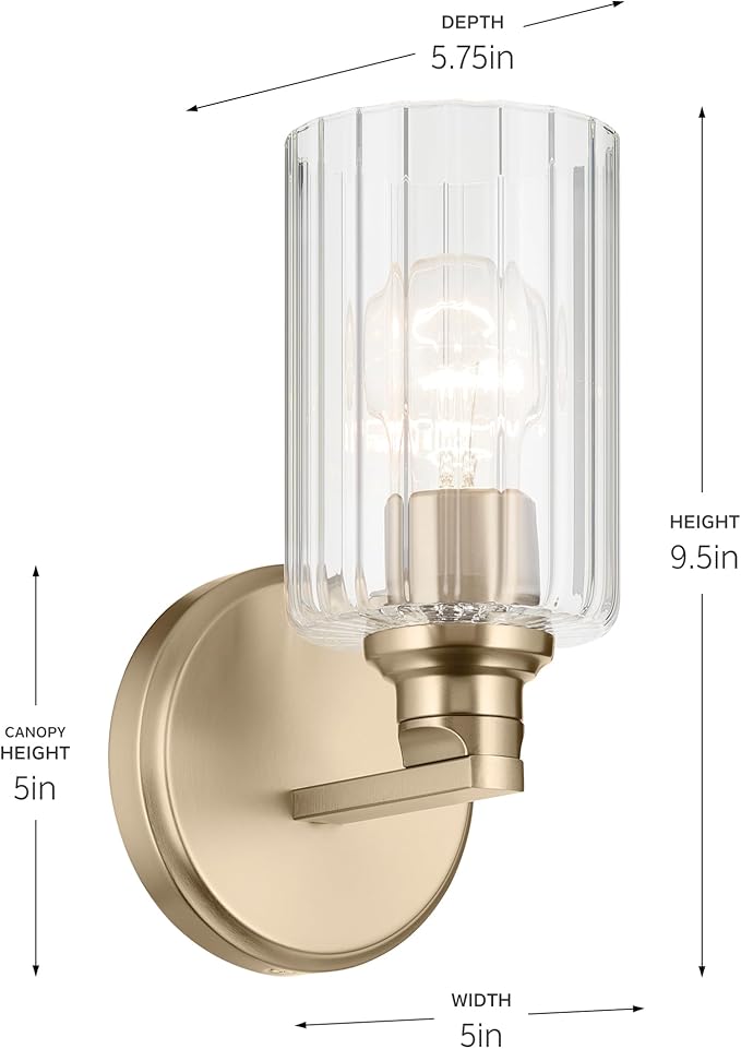 Kichler Gioe 5" 1-Light Wall Sconce Bathroom Vanity Light with Clear Fluted Glass in Champagne Bronze, Damp Rated for Powder Room, Kitchen, Hallway, Bedroom (5" W x 9.5" H), 55224CPZFLU