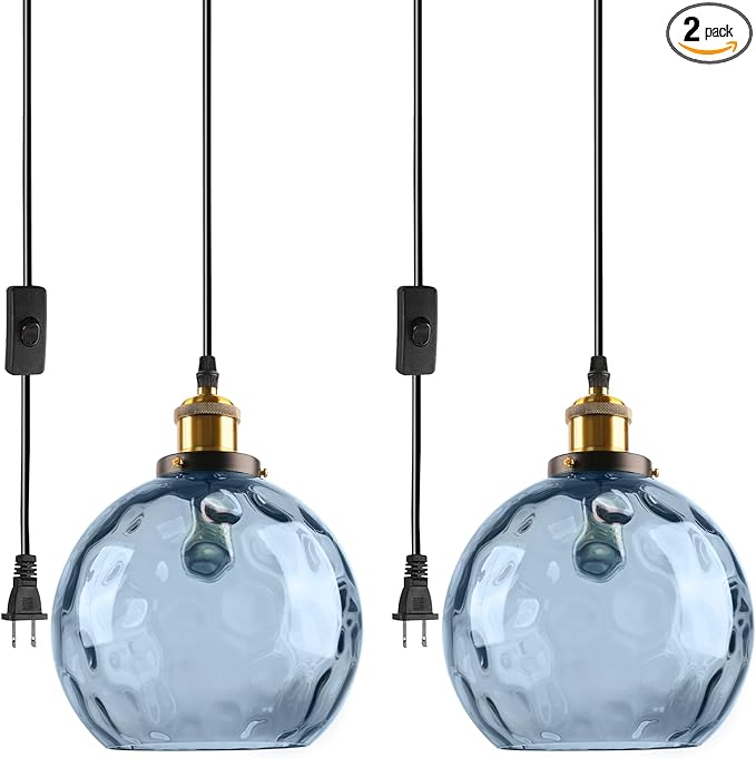 Blue Hanging Lamp Plug in 2 Pack, Hammered Glass Hanging Lights with 14.75Ft Plug in Cord, Globe Pendant Light Plug in Chandelier Ceiling Fixture for Dining Room Kitchen Bedroom