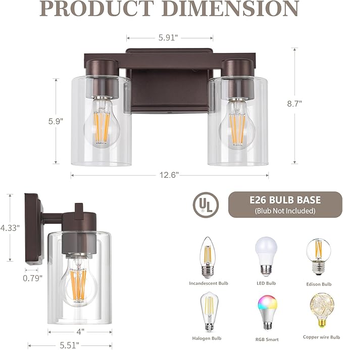 2-Light Bathroom Light Fixtures Modern Vanity Lights with Clear Glass Shade Oil Rubbed Bronze Wall Sconces Over Mirror for Bathroom,Powder Room, Living Room