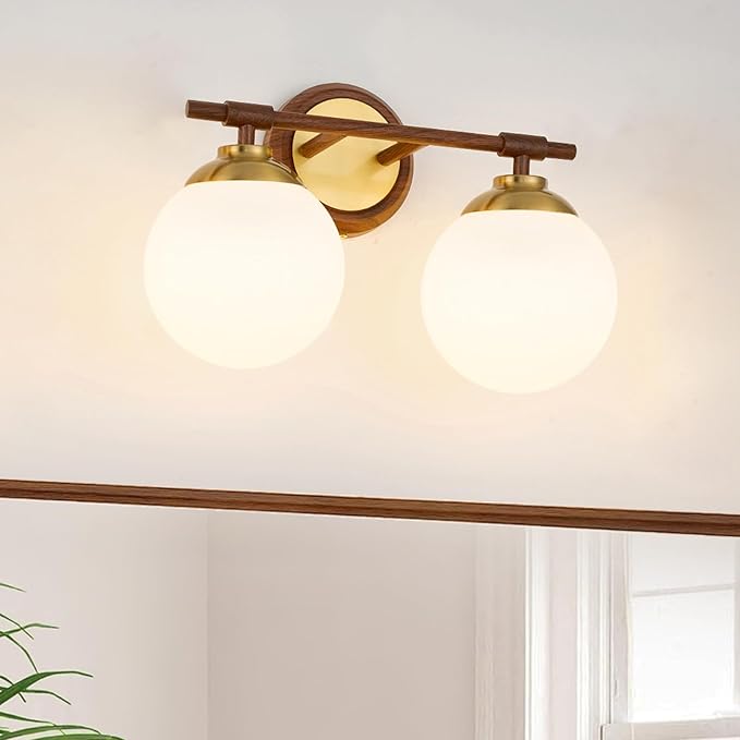 Rayogale Walnut Bathroom Light Fixtures, ETL 2 Lights Vanity Lights Over Mirror with Milk Glass Soft Lighting 15 Inch Bathroom Sconces(Exclude E26 Bulb)