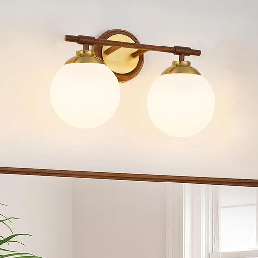 Rayogale Walnut Bathroom Light Fixtures, ETL 2 Lights Vanity Lights Over Mirror with Milk Glass Soft Lighting 15 Inch Bathroom Sconces(Exclude E26 Bulb)