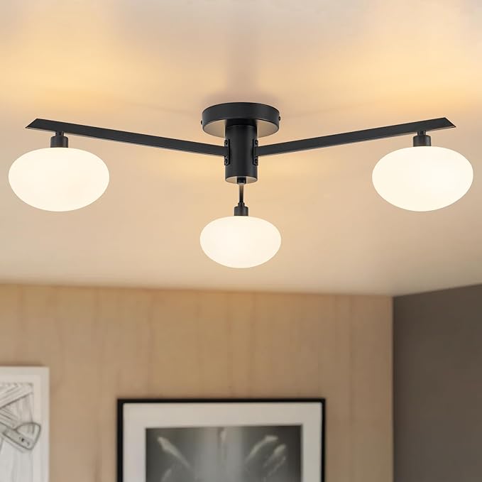 Semi Flush Mount Ceiling Light Fixture, Mid Century Modern 3-Light 22.5" Lighting Fixtures Ceiling Matte Black Ceiling Lights for Bedroom, Entryway, Hallway, Kitchen, Dining Room & Living Room