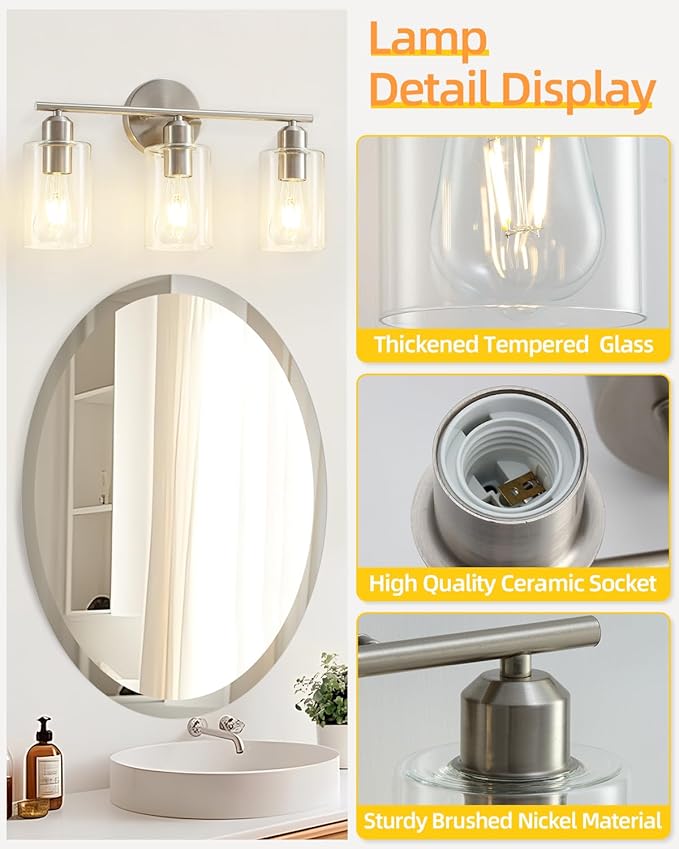 3-Light Bathroom Light Fixtures, Brushed Nickel Bathroom Vanity Lights, Bathroom Lighting Fixtures Over Mirror with Clear Glass Shade, Wall Sconce Light for Bedroom, Living Room and Hallway