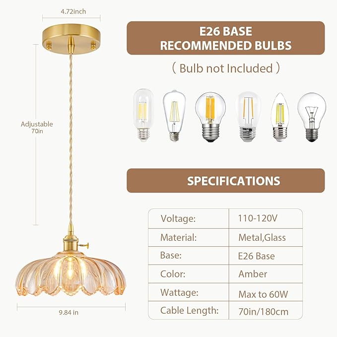 3 Pack Glass Pendant Lights Kitchen Island, Vintage Brass Pendant Light Fixtures, Adjustable Amber Kitchen Pendant Lighting Over Island for Bedroom Living Room Hallway Dining Room