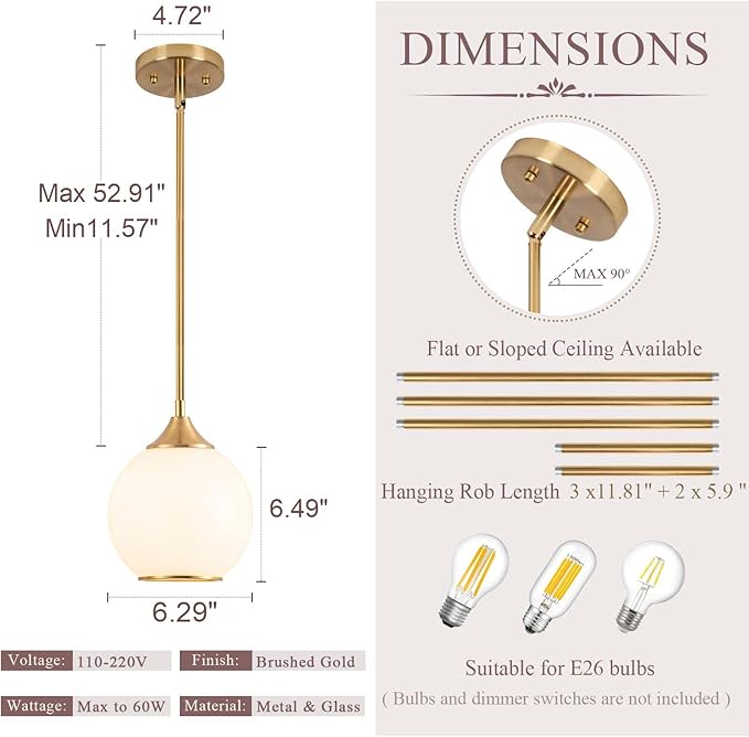 Pendant Lights Kitchen Island,Farmhouse Pendant Light with Milky Glass Globe Shade,6.29" Glass Pendant Light for Brushed Bronze Finish Farmhouse Entryway Dining Room Kitchen Island 1 Light