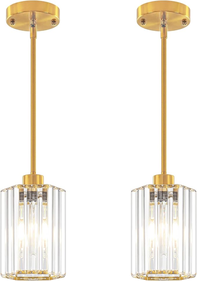 2-Pack Brushed Gold Pendant Lights Kitchen Island Modern Crystal Hanging Pendant Light Hexagonal Mini Chandelier Adjustable Hanging Kitchen Lights for Dining Room Hallway Bedroom Entryway Pendant Lamp
