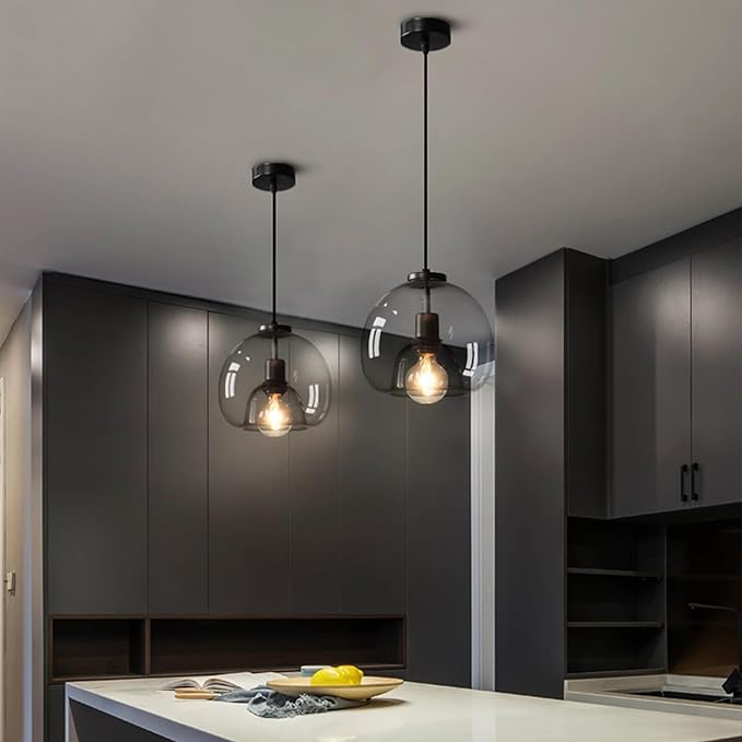 Large Smoke Glass Pendant Light for Kitchen Island, Includes Extra Bulb & 4.26FT Adjustable Cord, Modern Pendant Lighting Fixtures for Kitchen, Dining Room, Living Room(9in, 1-Pack)