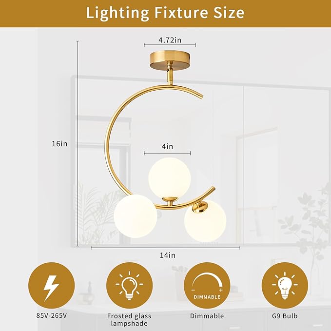 Hallway Light Fixtures, 3-Light Gold Semi Flush Mount Ceiling Light Fixture 3 Globe Glass lampshades, for Kitchen, Dining Table, Bedroom, Hallway, Entryway and Balcony