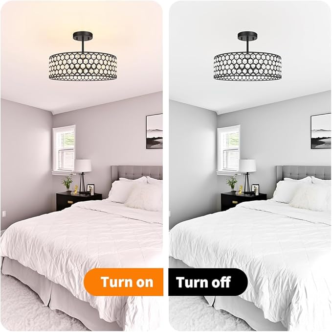 Black Crystal Ceiling Light Fixture - Modern Semi Flush Mount Ceiling Chandelier Lighting for Kitchen, Dazzling Prism Chandelier for Bedroom, Bathroom, Dining Room, 5 Light, 16 in