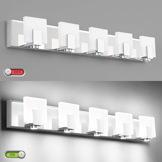 SOLFART Vanity Lights for Bathroom Dimmable Modern LED Chrome Bathroom Lighting Over Mirror 5 Light