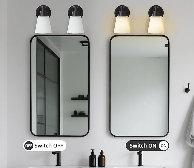 Wall Light Fixtures 2 Pack, Matte Black Vanity Lights with Milk Glass Shades, Modern Farmhouse Wall Sconces for Gallery, Mirror, Bedroom, and Bathroom
