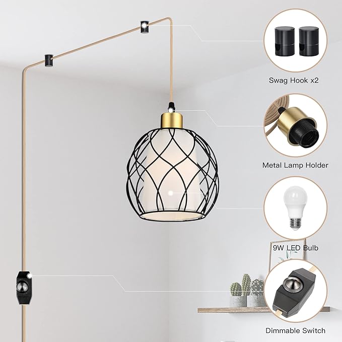 Ruzectt Plug in Pendant Light,Hanging Light with Plug in Cord,Black Hanging Lamp with Dimmable Switch,15 ft Golden Cotton Cord,Hanging Light Fixture for Kitchen Living Room Bedroom (Bulb Included)
