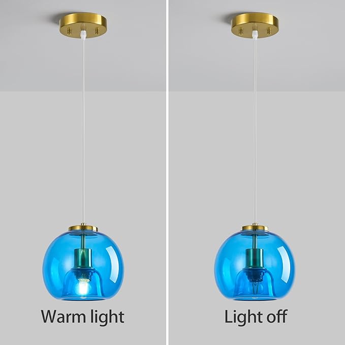 Light Blue Glass Pendant Lights Kitchen Island Gold Hanging Light Fixture Glass Globe Pendant Light Modern Pendant Lighting for Kitchen Island Bedroom Dining Room (7.87", B Style-3 Pack)