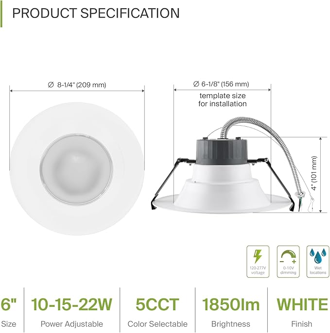 ASD 6 Inch Commercial Canless LED Downlight, Power Adjustable 10/15/22W Lighting, Round Dimmable Recessed Ceiling Light Fixture, 5 Color Temperatures 2700K-5000K, 120-277V IC Rated UL & Energy Star